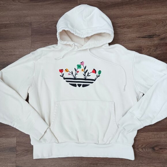 Adidas Trefoil Bloom Pullover White Hoodie Size M Embroidered Floral Logo - Picture 1 of 8